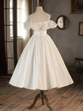 A-Line Tea Length Ivory Prom Dress, White Wedding Party Dress HZ1024