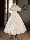 A-Line Tea Length Ivory Prom Dress, White Wedding Party Dress HZ1024