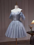 Tulle Dusty Blue Short Prom Dress, Dusty Blue Homecoming Dress HZ1024