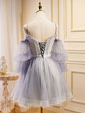 Purple A-Line Lace Tulle Short Prom Dress, Light Purple Homecoming Dress HZ1024