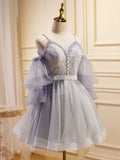 Purple A-Line Lace Tulle Short Prom Dress, Light Purple Homecoming Dress HZ1024