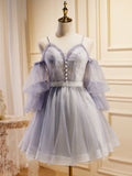 Purple A-Line Lace Tulle Short Prom Dress, Light Purple Homecoming Dress HZ1024