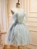 Tulle Off Shoulder Green Short Prom Dress, Green Cute Homecoming Dresses HZ1024