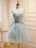 Tulle Off Shoulder Green Short Prom Dress, Green Cute Homecoming Dresses HZ1024