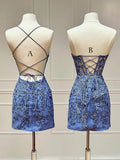 Sweetheart Neck Lace Short Prom Dress, Blue Homecoming Dress HZ1024