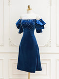 Velvet off-the-shoulder Beads Short Prom Dress, Black Evening Dress HZ1024