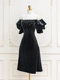 Velvet off-the-shoulder Beads Short Prom Dress, Black Evening Dress HZ1024