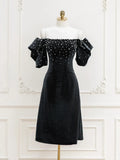 Velvet off-the-shoulder Beads Short Prom Dress, Black Evening Dress HZ1024