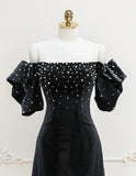 Velvet off-the-shoulder Beads Short Prom Dress, Black Evening Dress HZ1024