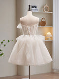 Tulle Sequin Short Prom Dress, Beige Homecoming Dress HZ1024