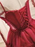 Burgundy Tulle Lace Short Prom Dresses, Burgundy Homecoming Dresses HZ1024