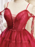 Burgundy Tulle Lace Short Prom Dresses, Burgundy Homecoming Dresses HZ1024