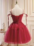 Burgundy Tulle Lace Short Prom Dresses, Burgundy Homecoming Dresses HZ1024
