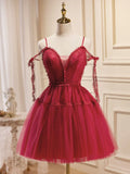 Burgundy Tulle Lace Short Prom Dresses, Burgundy Homecoming Dresses HZ1024