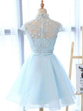 line High Neck Lace Blue Short Prom Dress, Blue Homecoming Dress HZ1024