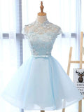 line High Neck Lace Blue Short Prom Dress, Blue Homecoming Dress HZ1024