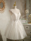 v neck tulle lace short prom dress lace cocktail dress HZ1024