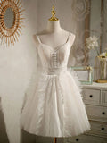 v neck tulle lace short prom dress lace cocktail dress HZ1024