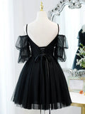 A-Line Tulle Lace Short Prom Dress, Black Homecoming Dresses HZ1024