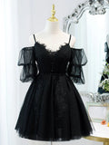 A-Line Tulle Lace Short Prom Dress, Black Homecoming Dresses HZ1024