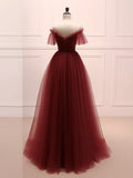 Burgundy Tulle Long Prom Dress, Burgundy Long Evening Dress HZ1024