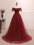 Burgundy Tulle Long Prom Dress, Burgundy Long Evening Dress HZ1024