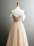 Off Shoulder Champagne Tulle Long Prom Dress, Champagne Long Evening Dress HZ1024