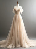 Off Shoulder Champagne Tulle Long Prom Dress, Champagne Long Evening Dress HZ1024