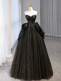 Sweetheart Neck Satin Tulle Long Prom Dress, Black Long Formal Dress HZ1024
