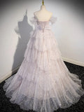 Off Shoulder Tulle Sequin Light Pink Long Prom Dress,Sequin Long Evening Dress HZ1024