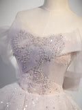 Off Shoulder Tulle Sequin Light Pink Long Prom Dress,Sequin Long Evening Dress HZ1024
