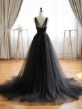 V Neck Tulle Black Long Prom Dress, Black Long Formal Dress HZ1024