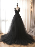 V Neck Tulle Black Long Prom Dress, Black Long Formal Dress HZ1024