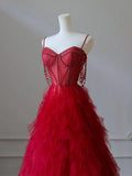Sweetheart Neck Tulle Beads Burgundy Long Prom Dress, Burgundy Evening Dress HZ1024