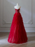 Sweetheart Neck Tulle Beads Burgundy Long Prom Dress, Burgundy Evening Dress HZ1024