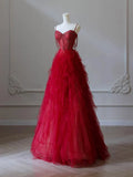 Sweetheart Neck Tulle Beads Burgundy Long Prom Dress, Burgundy Evening Dress HZ1024
