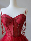 Sweetheart Neck Tulle Beads Burgundy Long Prom Dress, Burgundy Evening Dress HZ1024