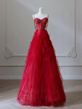 Sweetheart Neck Tulle Beads Burgundy Long Prom Dress, Burgundy Evening Dress HZ1024