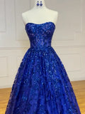 Sweetheart Neck Tulle Sequin Blue Long Prom Dress, Blue Long Formal Dress HZ1024