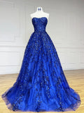 Sweetheart Neck Tulle Sequin Blue Long Prom Dress, Blue Long Formal Dress HZ1024