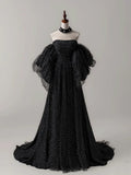 A- Line Tulle Long Prom Dress, Black Long Formal Dress HZ1024