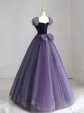 Puff sleeves Tulle Velvet Purple Long Prom Dress, Purple Long Formal Dress HZ1024
