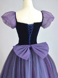 Puff sleeves Tulle Velvet Purple Long Prom Dress, Purple Long Formal Dress HZ1024