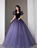 Puff sleeves Tulle Velvet Purple Long Prom Dress, Purple Long Formal Dress HZ1024