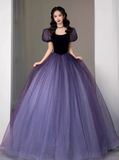 Puff sleeves Tulle Velvet Purple Long Prom Dress, Purple Long Formal Dress HZ1024