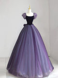 Puff sleeves Tulle Velvet Purple Long Prom Dress, Purple Long Formal Dress HZ1024