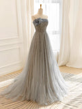 Tulle Sequin Long Prom Dress, Gray Tulle Long Evening Dress HZ1024