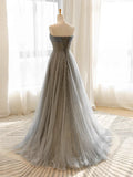 Tulle Sequin Long Prom Dress, Gray Tulle Long Evening Dress HZ1024