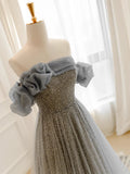 Tulle Sequin Long Prom Dress, Gray Tulle Long Evening Dress HZ1024