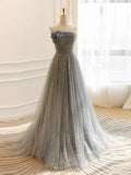 Tulle Sequin Long Prom Dress, Gray Tulle Long Evening Dress HZ1024